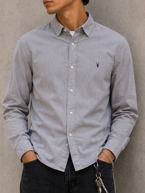 AllSaints Redondo LS Shirt Mens Light Grey Minimalist Quiet Luxury Button Up M